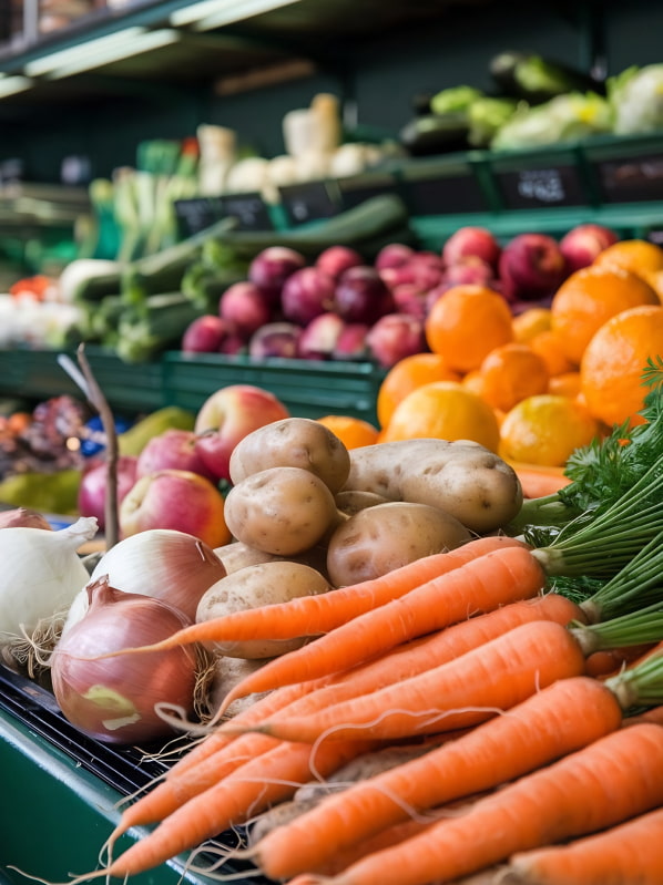 Detalle de frutas y verduras en un puesto de mercado