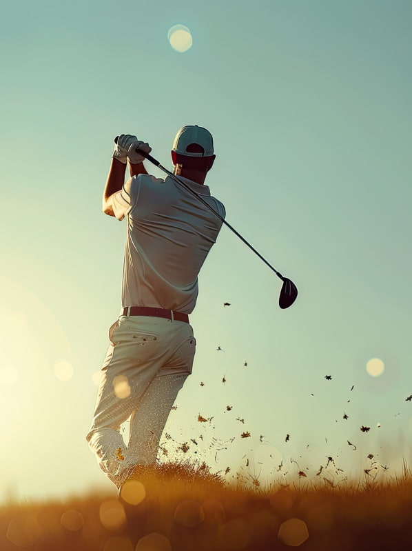 Hombre jugando al golf en el momento de golpear una pelota