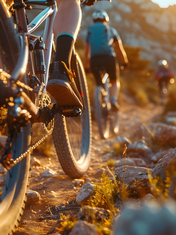 Persona montando en bicicleta de montaña, atravesando un sendero en un entorno montañoso.