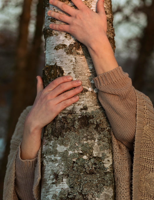 Persona en el bosque abrazando un árbol